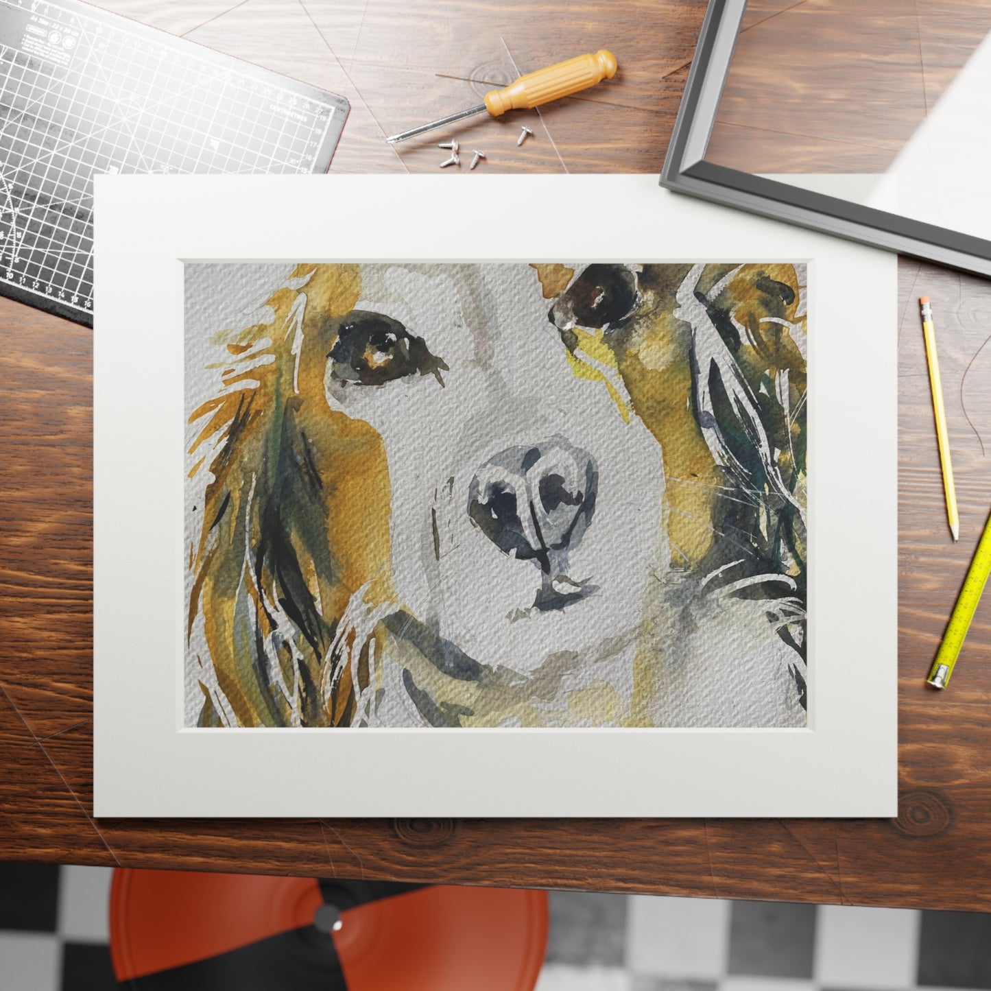 Dog protrait in water colour Fine Art Prints (Passepartout Paper Frame)