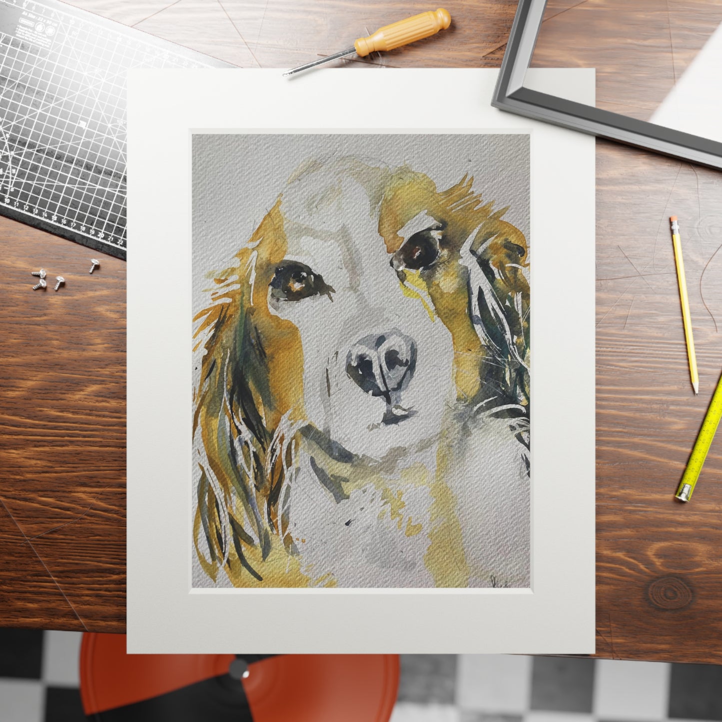 Dog protrait in water colour Fine Art Prints (Passepartout Paper Frame)